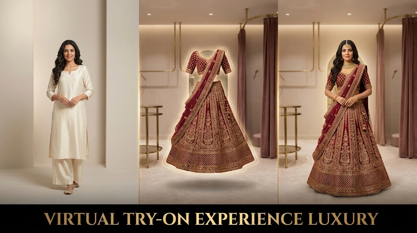 Luxury website hero showing a three-step virtual try-on sequence for an Indian woman: ivory silk base outfit, floating maroon and gold bridal lehenga, and the final AI-applied bridal look.
